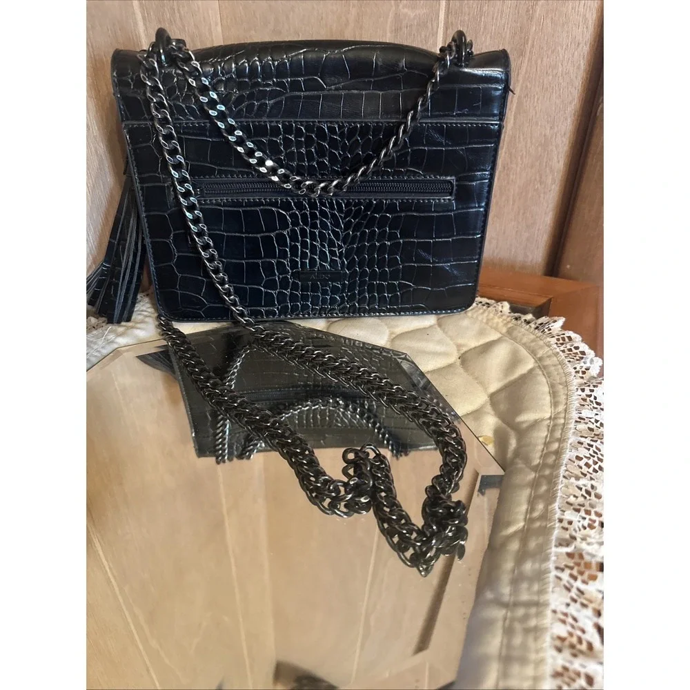 Aldo Black Croc Embossed cross body bag with tassel, chain